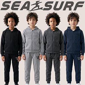 Conjunto Moletom Infantil Masculino Peluciado com Capuz Fleece para Inverno Sea Surf