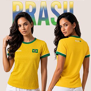 Camiseta Brasil Feminina Amarela Dry Fit Respirável Leve Confortável Para Treino E Dia A Dia