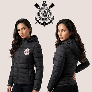 Jaqueta Puffer Feminina Corinthians Oficial Com Capuz Forrada Ideal Para Frio e Inverno