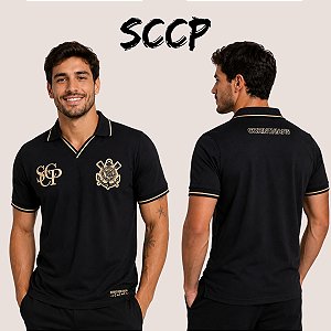 Camiseta Corinthians Masculina Poliamida Preta Brasão Dourado Leve Respirável Secagem Rápida