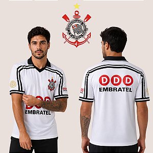 Camiseta Corinthians Retrô 1998 DDD Embratel Gola Polo em V Manga Curta Leve e Confortável
