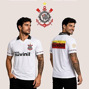 Camiseta Corinthians Retrô 1995 Suvinil Gola Polo em V Manga Curta Leve Confortável e Respirável