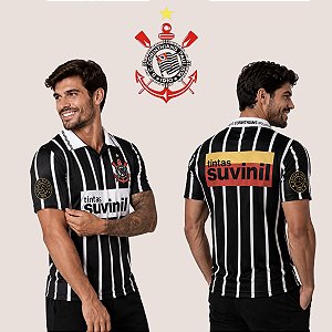 Camiseta Corinthians Retrô Suvinil Masculina 1995 Gola Polo em V Logo Estampada Leve Confortável