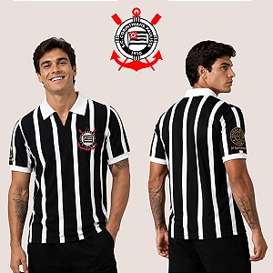 Camisa Corinthians Retrô 1954 IV Centenário Gola Polo em V Masculina Logo Bordado Manga Curta