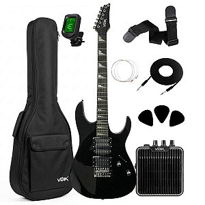 Kit Guitarra Eletrica Voik Venom 160 Gloss Black Com Acessorios