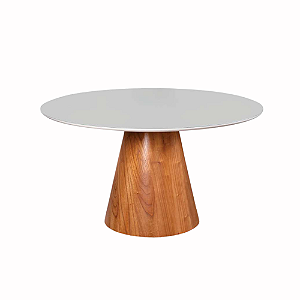 Mesa Jantar Fênix Redonda 1.50m Base Madeira Tampo Vidro Laq