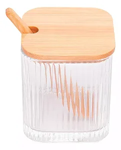 Açucareiro Quadrado De Vidro Colher E Tampa De Bambu Lyor Cor Transparente