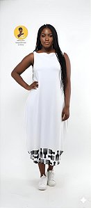 Vestido Longo Afro Branco com Barra Pentes – 96% Poliéster 04% Elastano