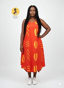 Vestido Longo Afro Vermelho Búzios Amarelo Minimalista – 96% Poliéster 04% Elastano