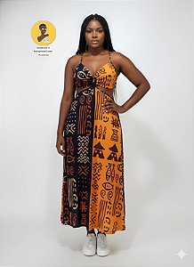 Vestido Longo Afro Cut Out Estampa Estampa Tribal Étnica Laranja e Preto