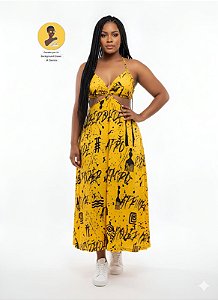 Vestido Longo Afro Cut Out Estampa Grafite Afro Mostarda e Preto