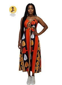 Vestido Longo Afro Cut Out Estampa Símbolos Afro Vermelho Laranja e Preto