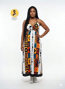 Vestido Longo Afro Cut Out Estampa Afro Multicolor com Faixas Brancas