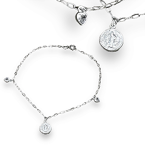 Tornozeleira Prata 925 São Bento com Corações Zircônia Cristal