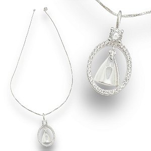 Pingente Prata 925 Nossa Senhora Oval Cravejado Zircônias Cristal com Ponto de Luz