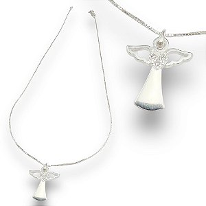Pingente Prata 925 Anjo com Coração Cravejado Zircônias Cristal