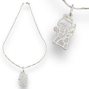 Pingente Prata 925 Anjo Rezando com Ponto de Luz 1mm