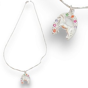 Pingente Prata 925 Ferradura Cavalo Cravejado com Zircônias Coloridas