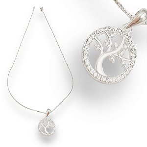 Pingente Prata 925 Árvore da Vida Cravejado Zircônias Cristal 1mm