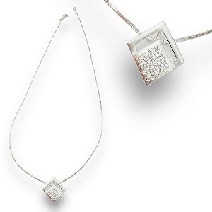 Pingente Prata 925 Losango Cravejado Zircônias Cristal 1mm
