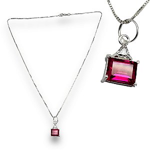 Pingente Prata 925 Zircônias Rosa Retangular e Cristal Triangular
