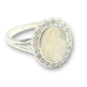 Anel Prata 925 Nossa Senhora na Madrepérola Cravejado Zircônias Cristal