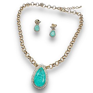 Conjunto Semijoia Luxo Borboleta Verde Claro Cravejado com Zircônias Cristal