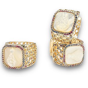 Conjunto Semijoia Luxo N. Senhora na Madrepérola Cravejado Zircônias Coloridas