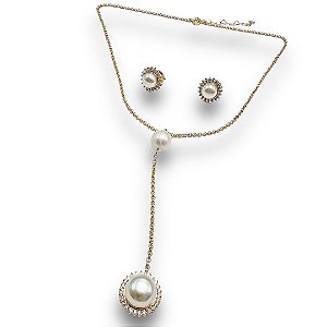 Conjunto Semijoia Luxo Pérola Cravejado Zircônias Cristal