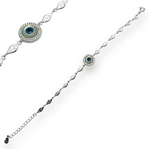 Pulseira Prata 925 Olho Grego Folhas Cravejado com Zircônias