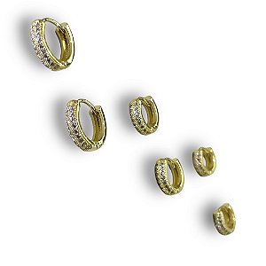 Brinco Semijoia Trio Argolinhas Cravejada Zircônias Cristal Tubo abaulado 3mm