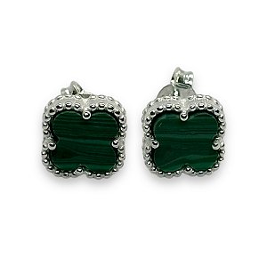 Brinco Prata 925 Trevo Português Pedra Fosca Verde M
