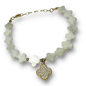 Pulseira Semijoia Inspiração Van Cleef Madrepérola com Zircônias Cravejadas