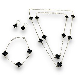 Conjunto Semijoia Inspiração Trevo Português com Pedra Preta
