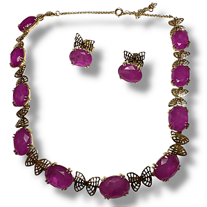 Conjunto Semijoia Luxo Borboletas com Pedras Naturais Rosa