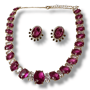 Conjunto Semijoia Luxo Pedras Naturais Rosa e Cristal