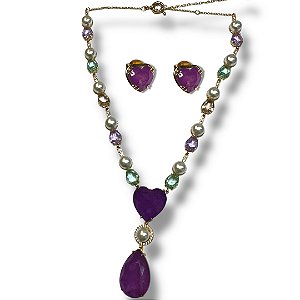 Conjunto Semijoia Luxo Pedras Naturais, Pérolas e Microzircônias