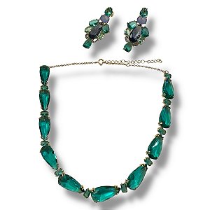 Conjunto Semijoia Luxo Pedras Naturais Verde e Lilás
