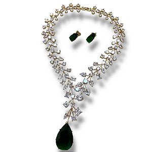 Conjunto Semijoia Luxo Pedras Naturais Verdes e Cristal