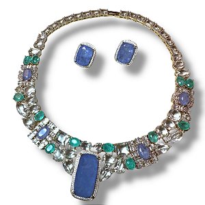Conjunto Semijoia Luxo Pedras Naturais Cristal, Lilás e Verde