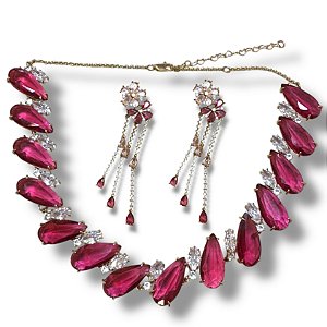 Conjunto Semijoia Luxo Pedras Naturais Cristais e Rosas