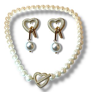 Conjunto Semijoia Luxo Coração com Microzircônias e Pérolas