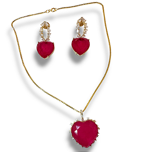 Conjunto Semijoia Luxo Coração Pedras Naturais Rosas e Cristais