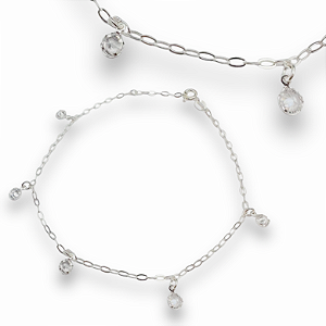 Choker Prata 925 Elo Grumet com Pingente Ponto Luz Redondo Cristal