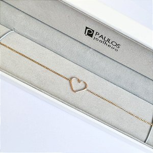 Pulseira Elos Groumet com Coração de Fio Ouro 10K