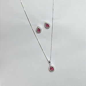 Conjunto Corrente + Pingente + Brincos em Prata e Rubi Sintético