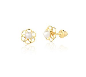 Par de Brincos Flor com Pérola Ouro 18K