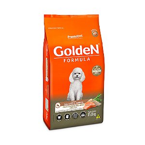 GOLDEN FÓRMULA MINI BITS CÃES ADULTO PORTE PEQUENO SABOR SALMÃO E ARROZ 15 KGS