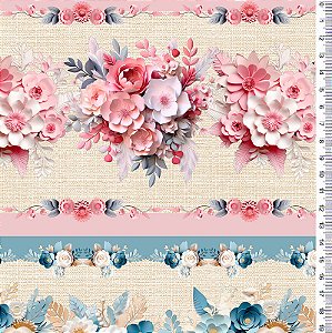 TRICOLINE DIGITAL 100% ALGODÃO ESTAMPADA BARRADO ROSAS 0,50cm x 1,50m | PAN31C01