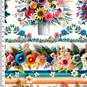 TRICOLINE DIGITAL 100% ALGODÃO BARRADO ESTAMPADA 3D FLORAL 0,55cm x 1,50m | 93081C01